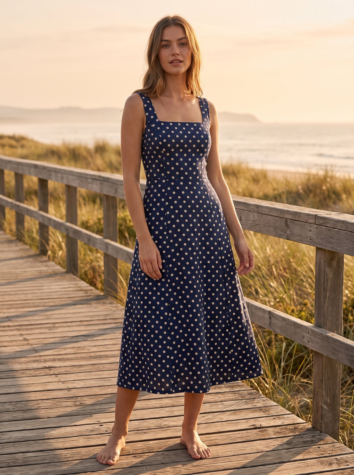 Navy polka dot wedding guest midi dress by Riley Belle