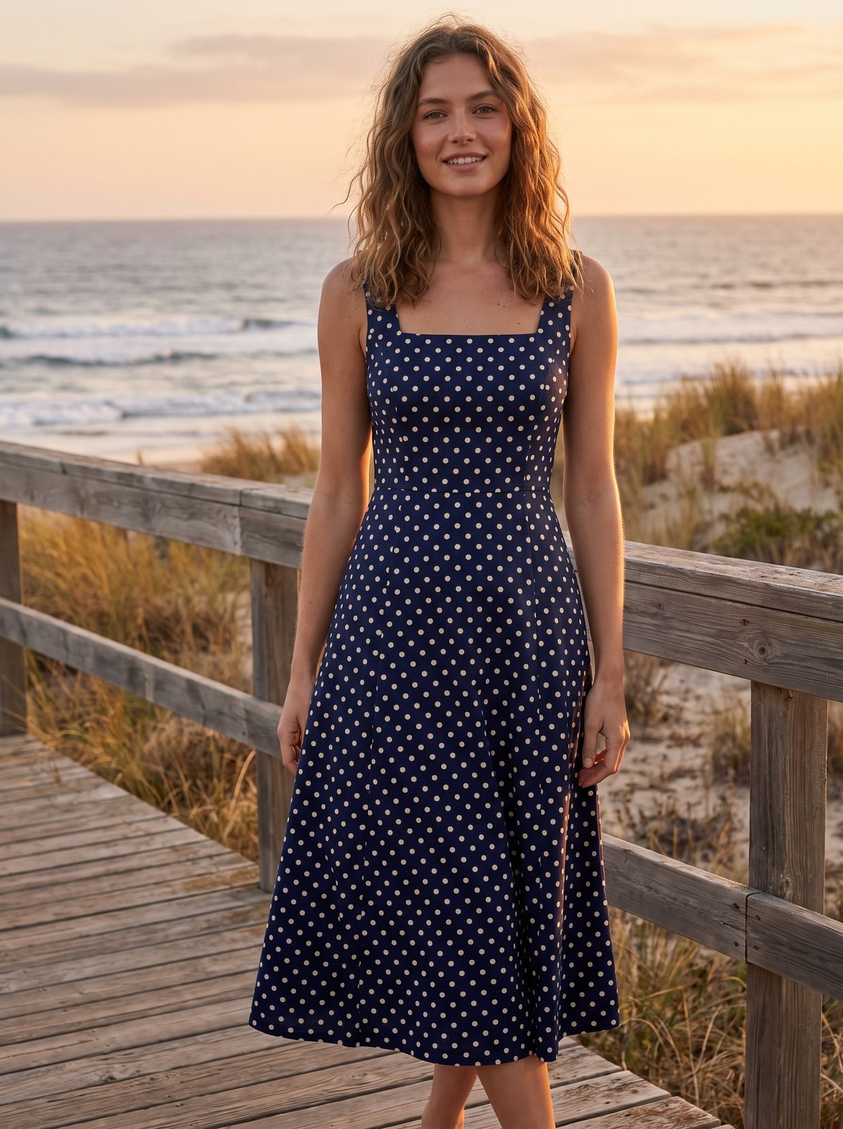 Navy polka dot wedding guest midi dress by Riley Belle