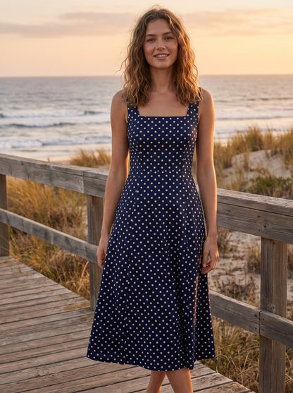 Navy polka dot wedding guest midi dress by Riley Belle