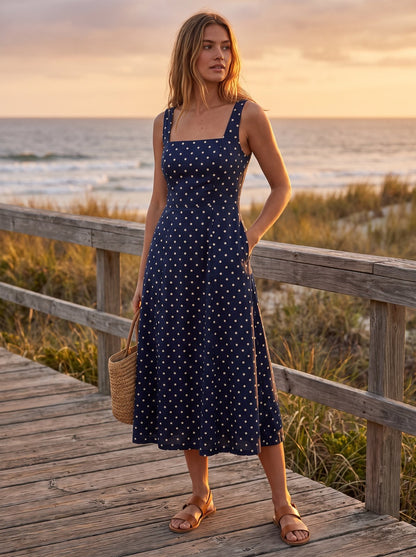 Navy polka dot wedding guest midi dress by Riley Belle