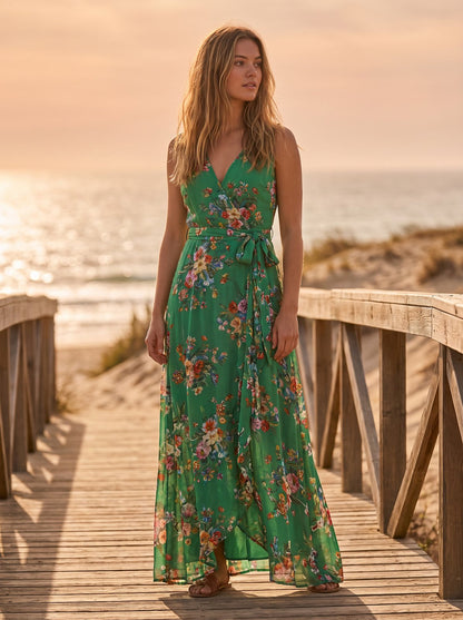 Green floral wrap maxi dress by Riley Belle