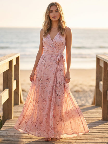Pink floral wrap maxi dress by Riley Belle