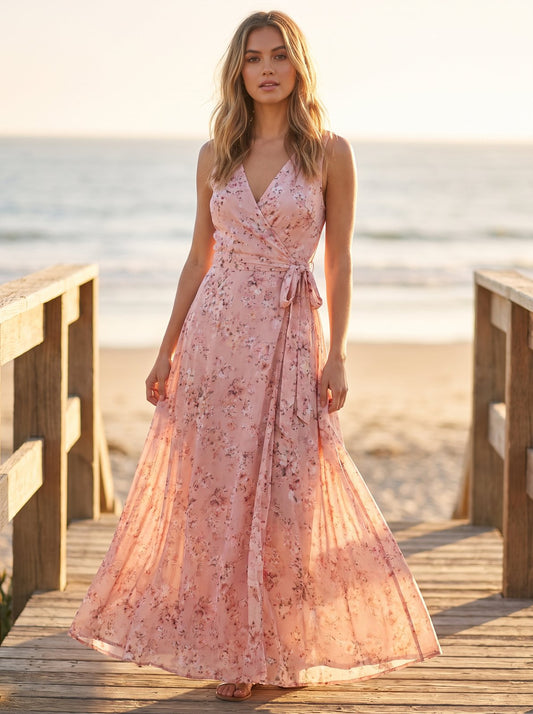 Pink floral wrap maxi dress by Riley Belle