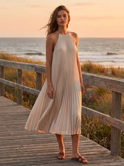Champagne pleated cocktail midi dress by Riley Belle