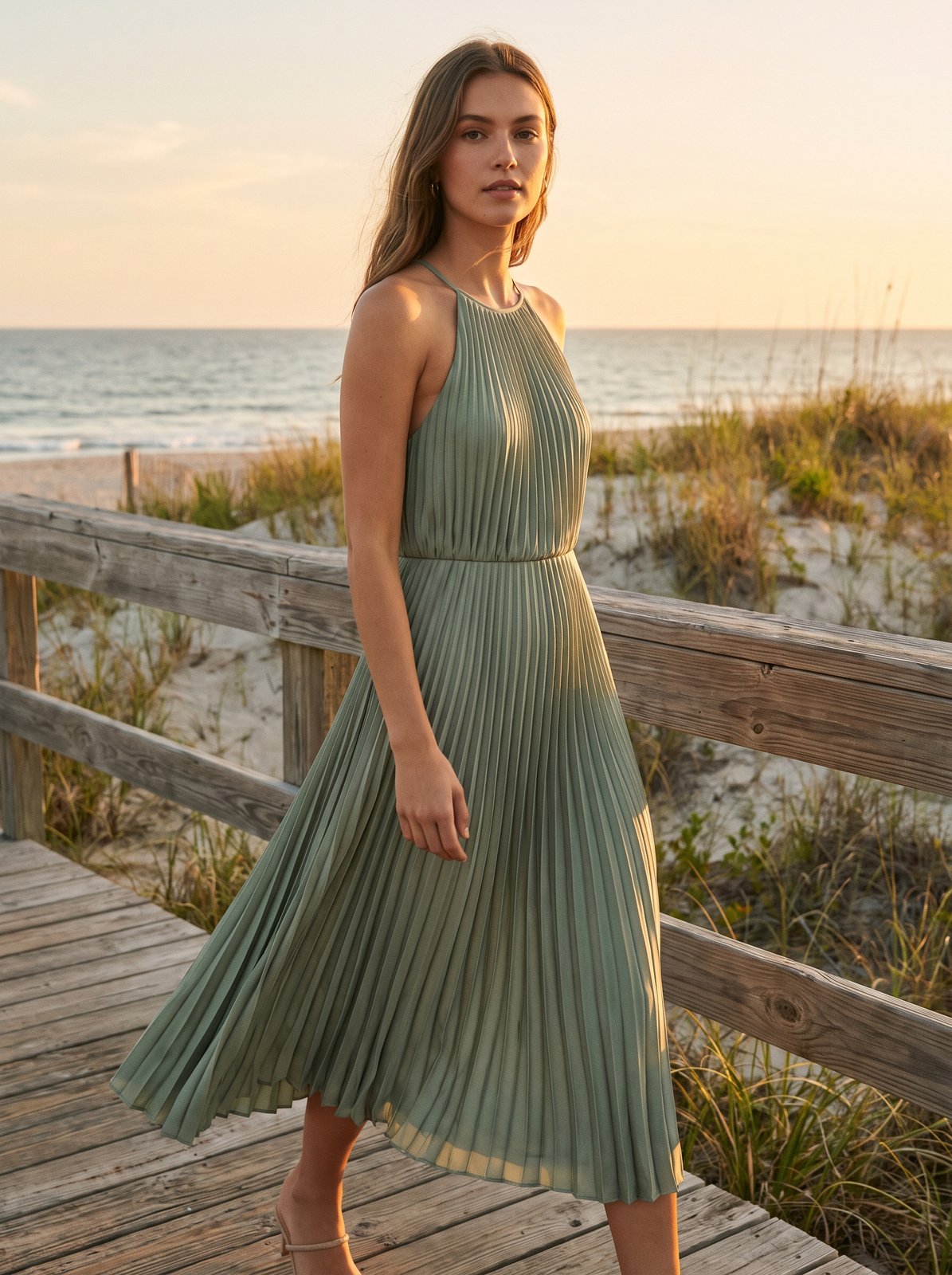 Sage green pleated cocktail midi dress by Riley Belle