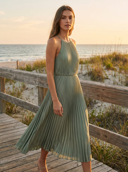 Sage green pleated cocktail midi dress by Riley Belle