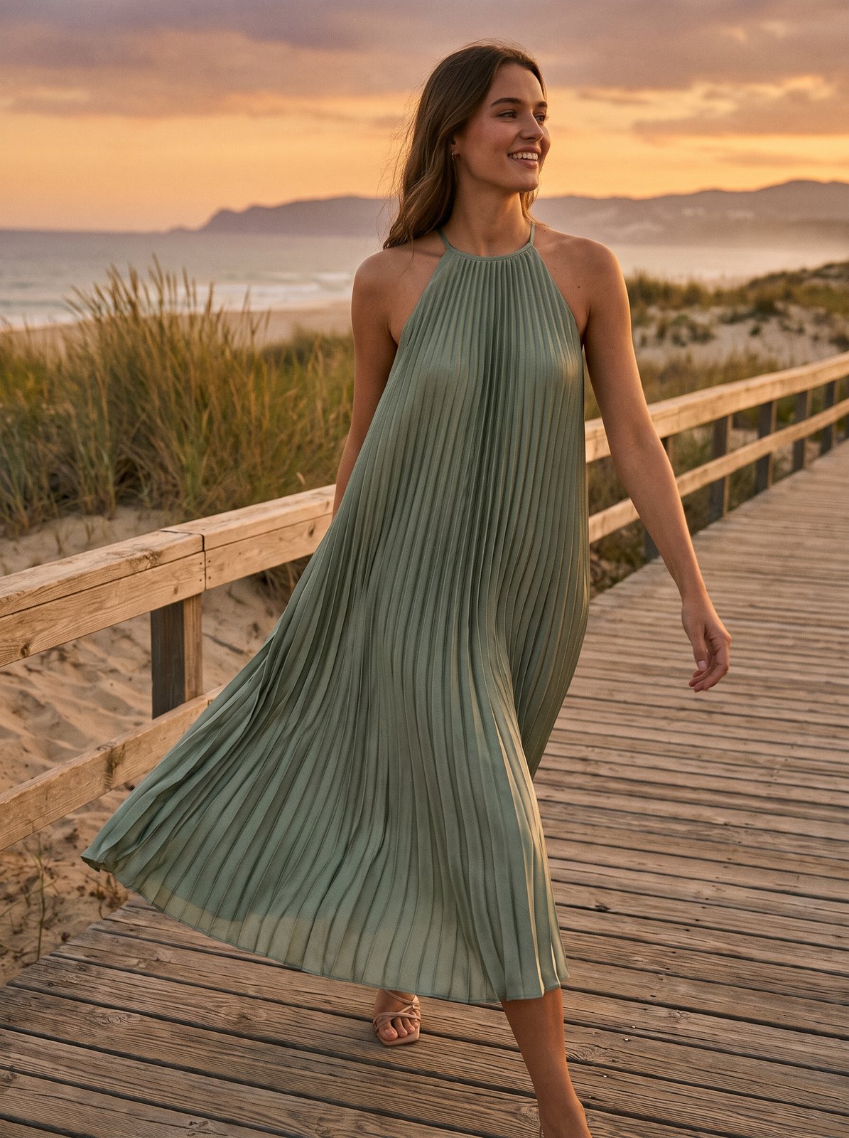 Sage green pleated cocktail midi dress by Riley Belle
