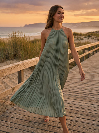 Sage green pleated cocktail midi dress by Riley Belle