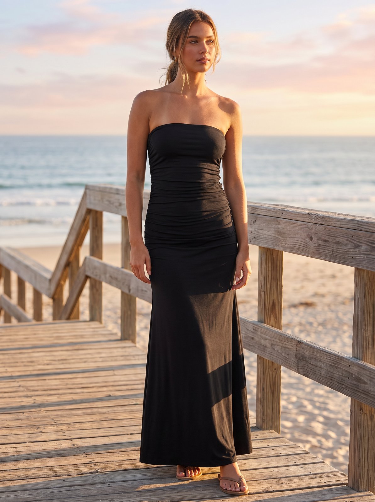 Black strapless ruched maxi dress by Riley Belle
