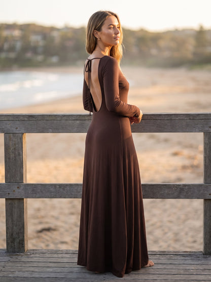Etta Timeless Chocolate Brown Backless Maxi Dress by Riley Belle