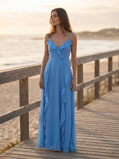 Blue ruffle summer maxi dress by Riley Belle