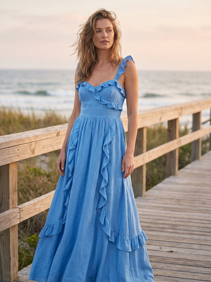 Blue ruffle summer maxi dress by Riley Belle