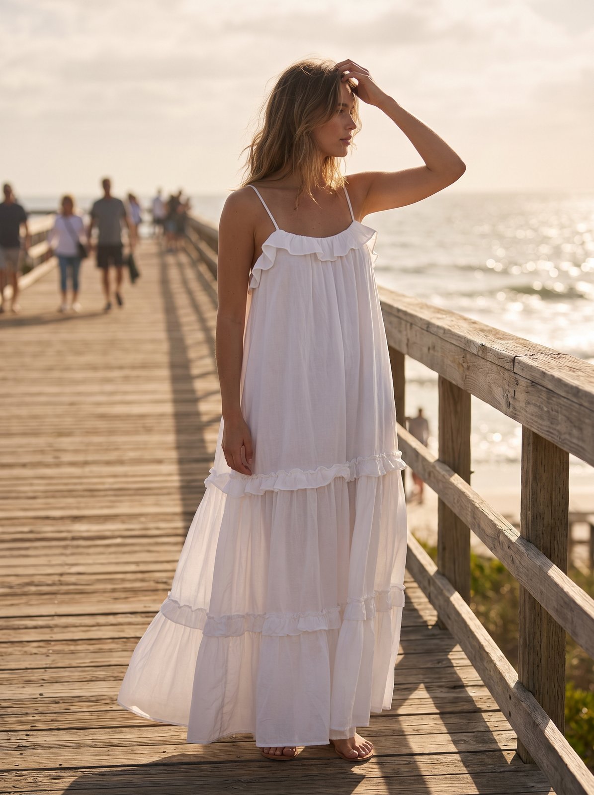White ruffle summer maxi dress by Riley Belle
