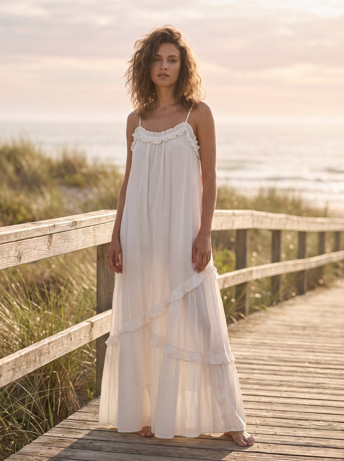 White ruffle summer maxi dress by Riley Belle