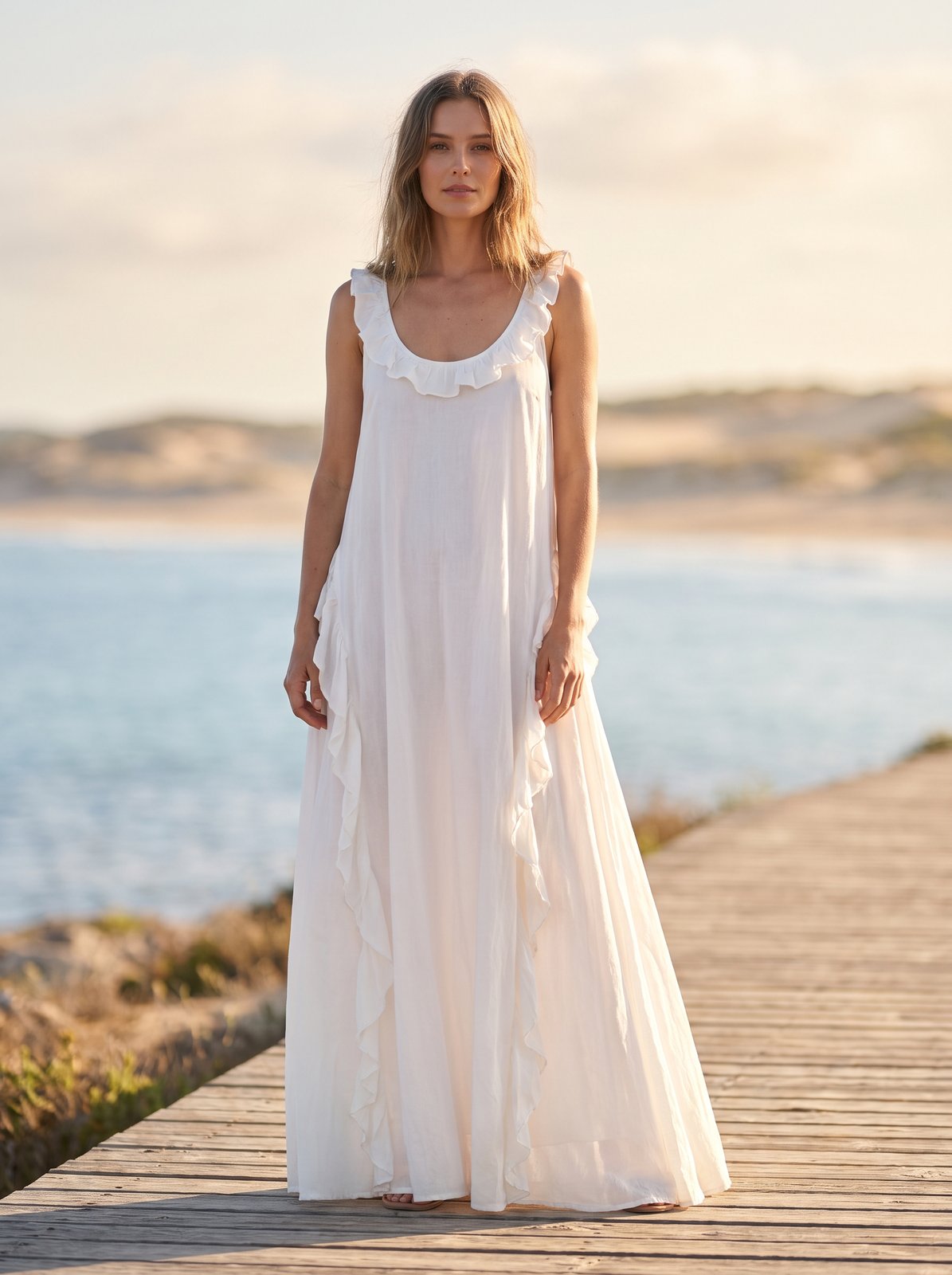 White ruffle summer maxi dress by Riley Belle