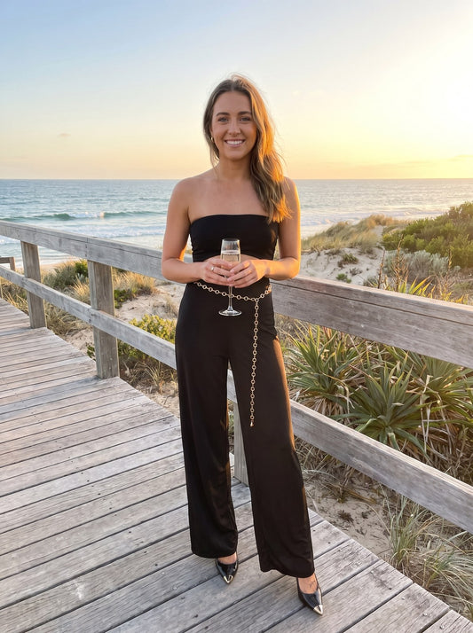 Fern Polished Strapless Black Jumpsuit by Riley Belle