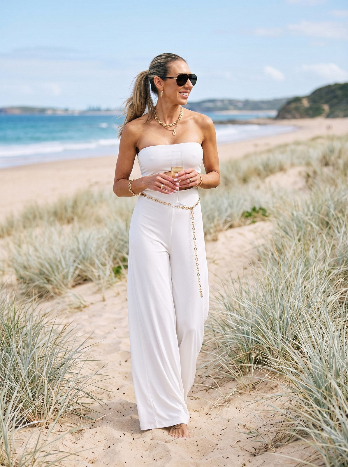 Fern Polished Strapless White Jumpsuit by Riley Belle