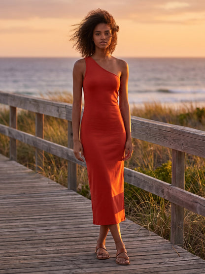 Red one shoulder midi dress by Riley Belle