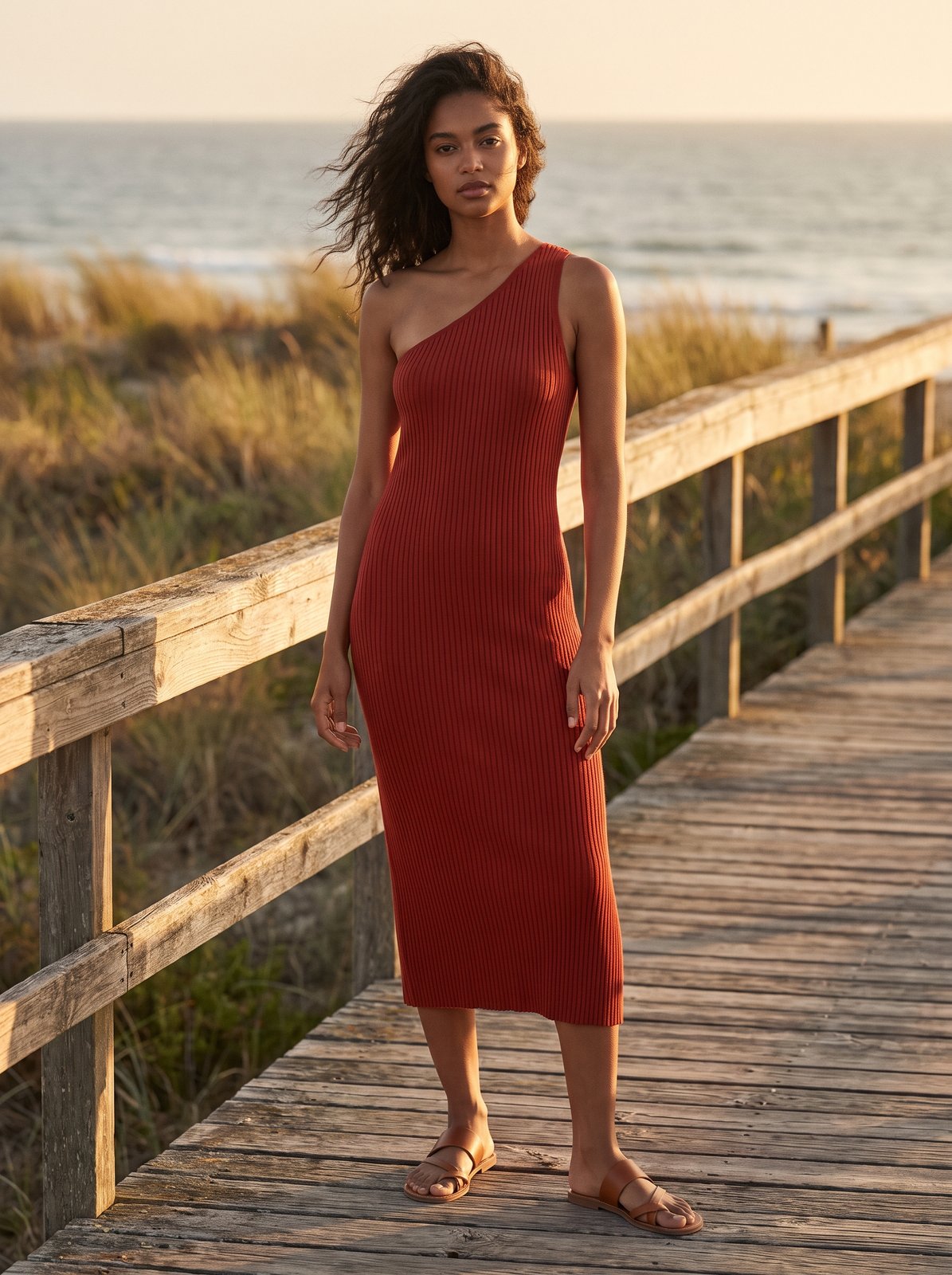 Red one shoulder midi dress by Riley Belle