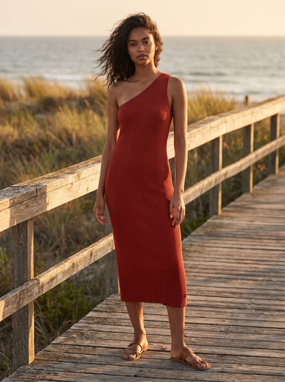 Red one shoulder midi dress by Riley Belle