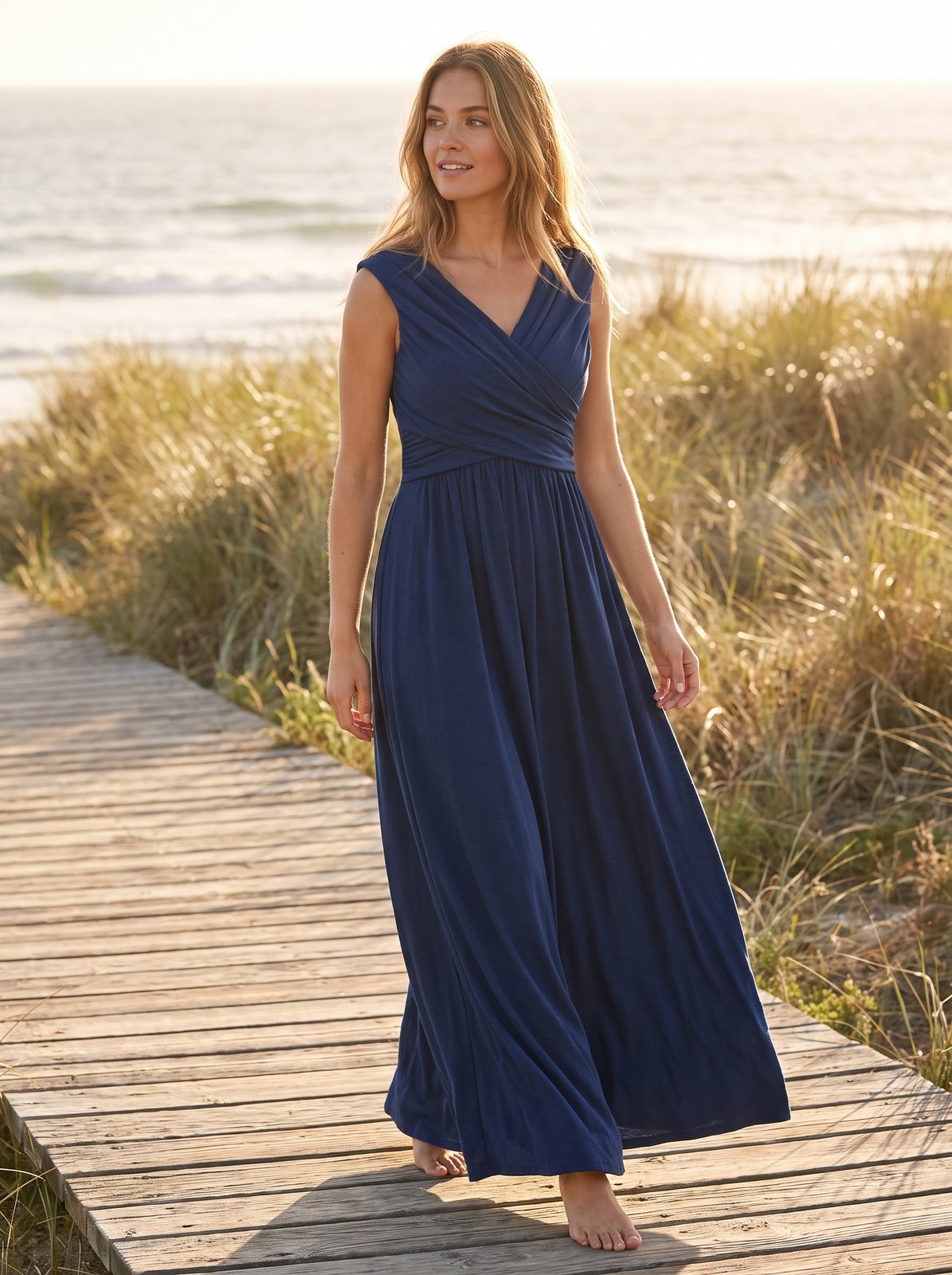 Navy draped wedding guest maxi dress by Riley Belle
