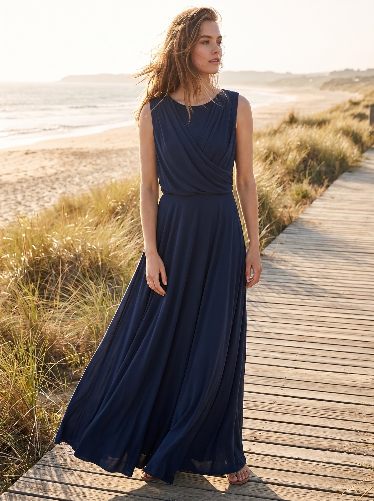 Navy draped wedding guest maxi dress by Riley Belle