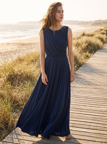 Navy draped wedding guest maxi dress by Riley Belle
