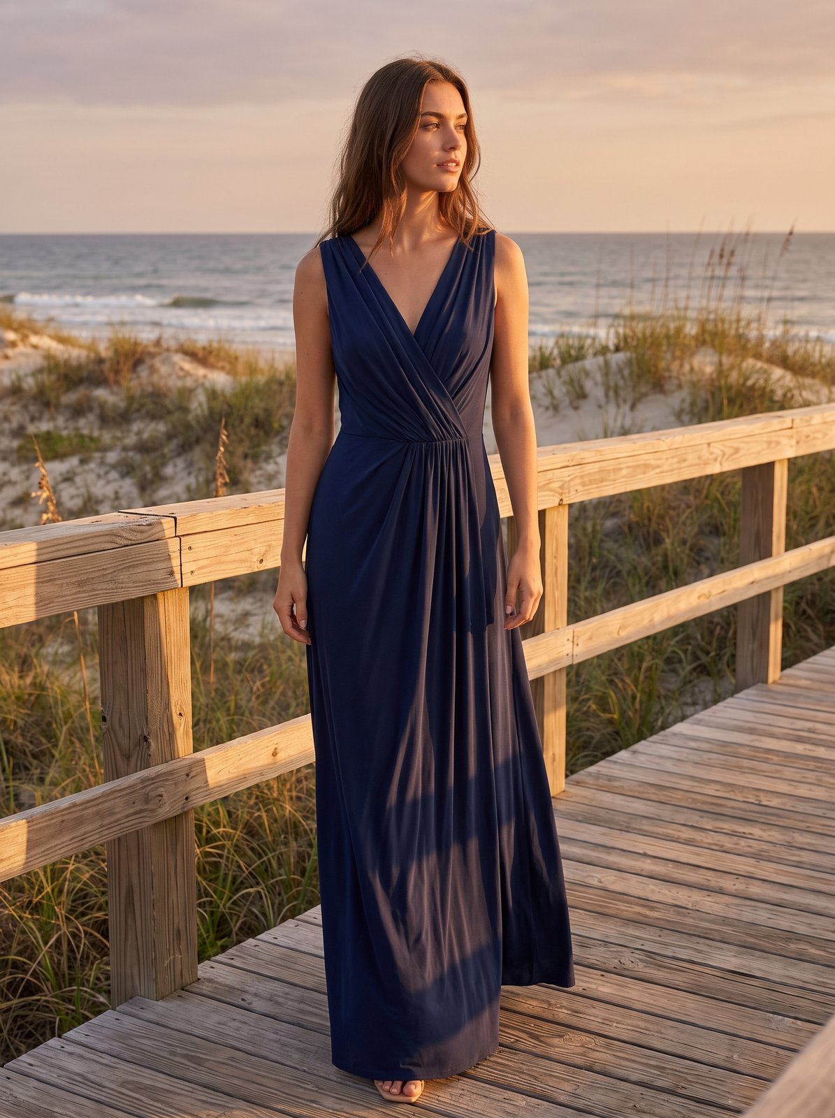 Navy draped wedding guest maxi dress by Riley Belle