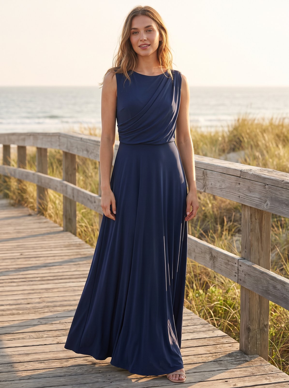 Navy draped wedding guest maxi dress by Riley Belle