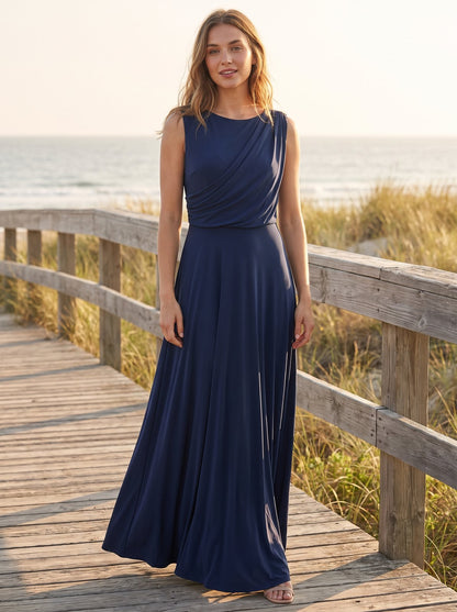 Navy draped wedding guest maxi dress by Riley Belle