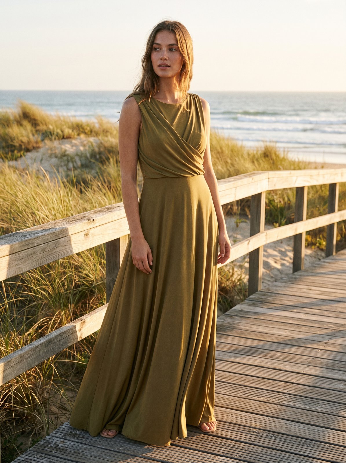 Olive green draped wedding guest maxi dress by Riley Belle