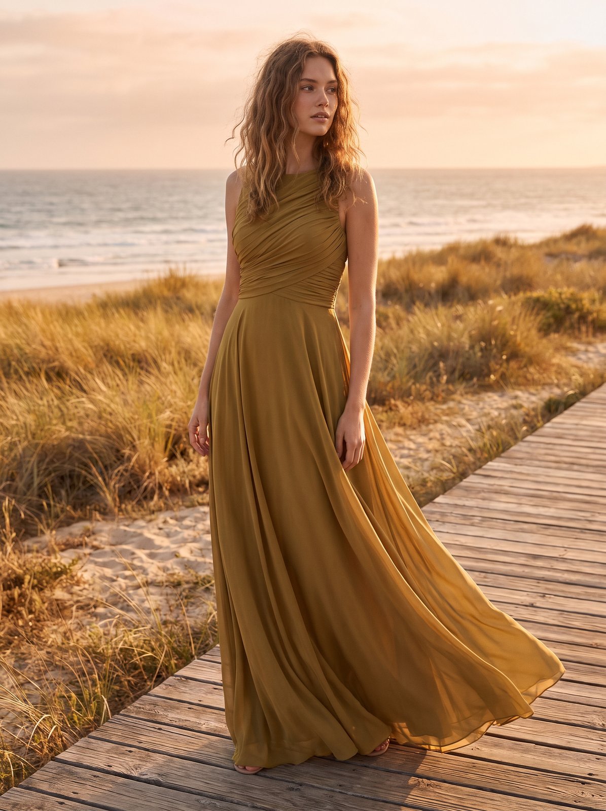 Olive green draped wedding guest maxi dress by Riley Belle