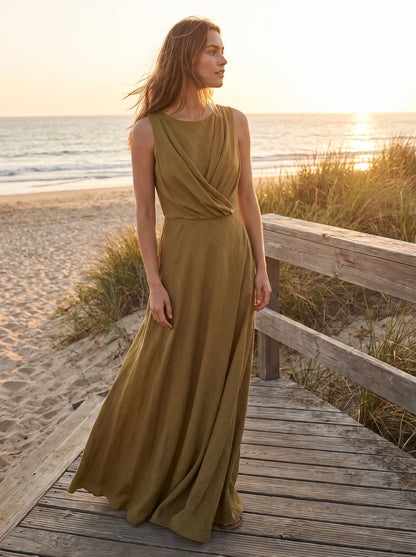 Olive green draped wedding guest maxi dress by Riley Belle