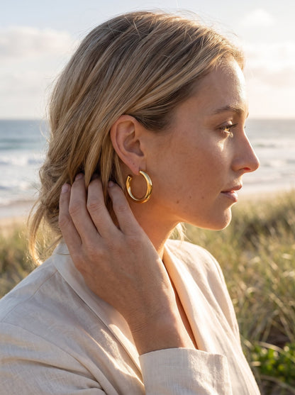 Frankie Gold Hoop Earrings lifestyle by Riley Belle