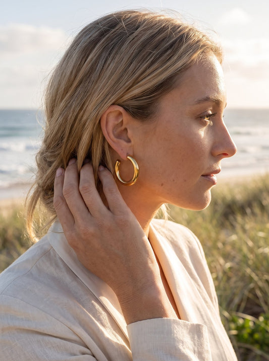 Frankie Gold Hoop Earrings lifestyle by Riley Belle