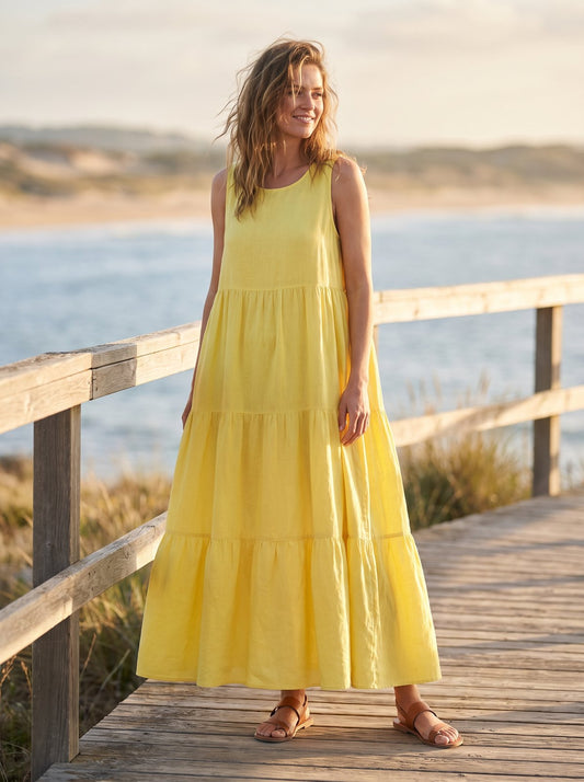Lemon yellow tiered smock summer maxi dress by Riley Belle