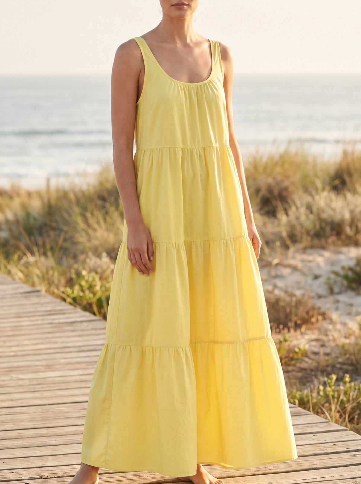 Lemon yellow tiered smock summer maxi dress by Riley Belle