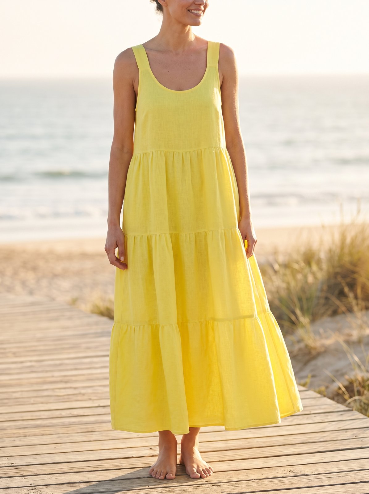 Lemon yellow tiered smock summer maxi dress by Riley Belle