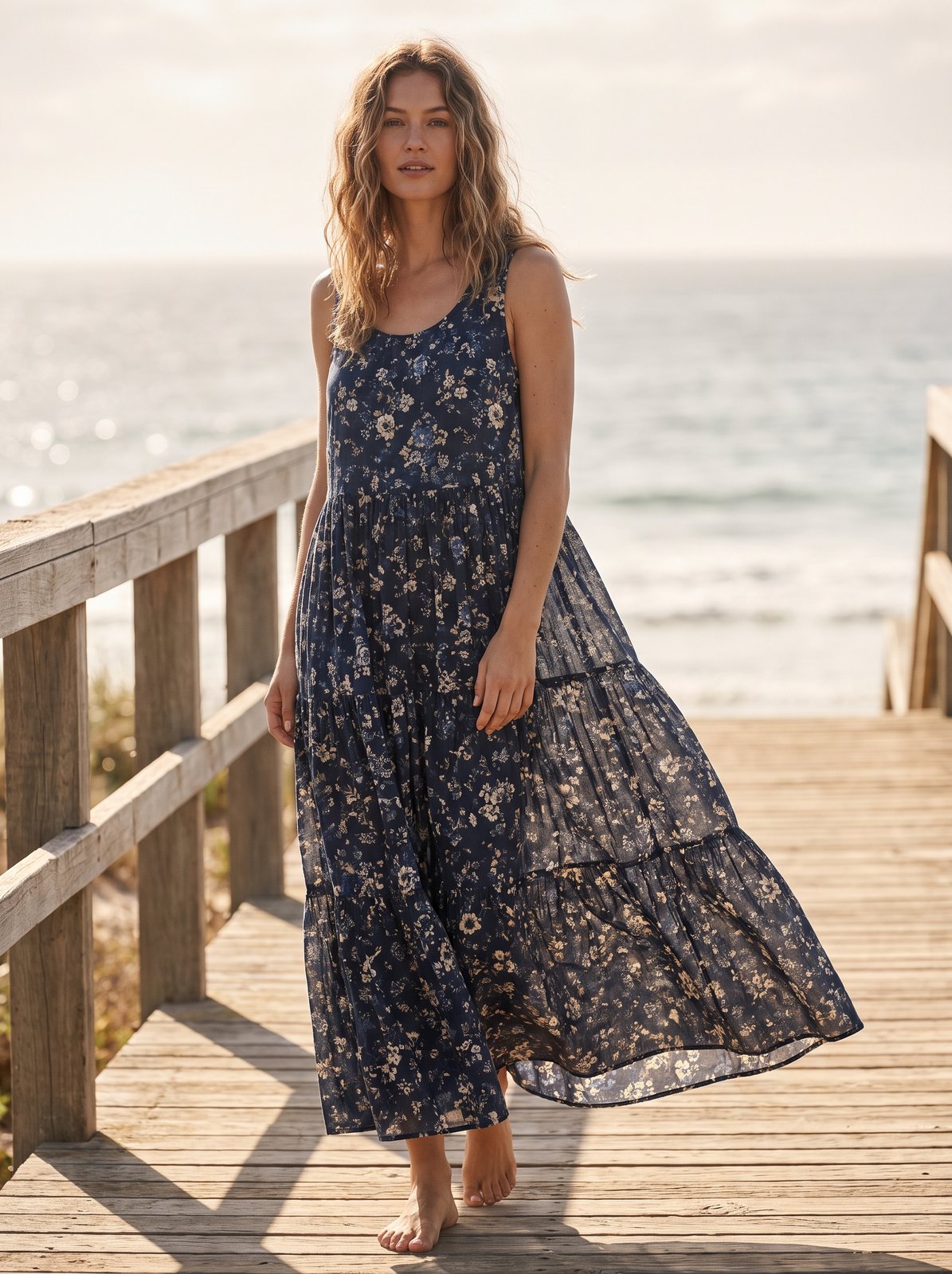 Navy floral tiered smock summer maxi dress by Riley Belle