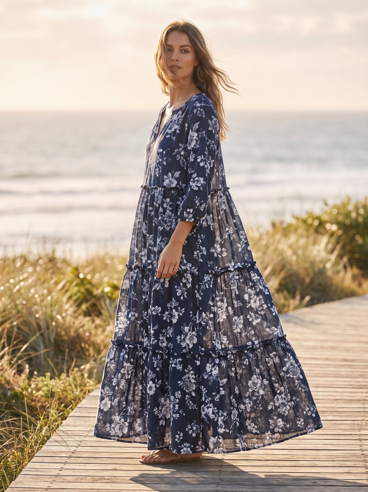 Navy floral tiered smock summer maxi dress by Riley Belle
