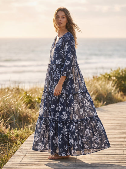 Navy floral tiered smock summer maxi dress by Riley Belle