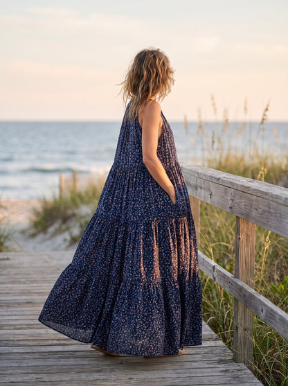 Navy floral tiered smock summer maxi dress by Riley Belle