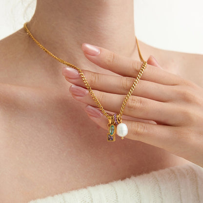 Freya Gold Pearl Pendant Necklace detail by Riley Belle