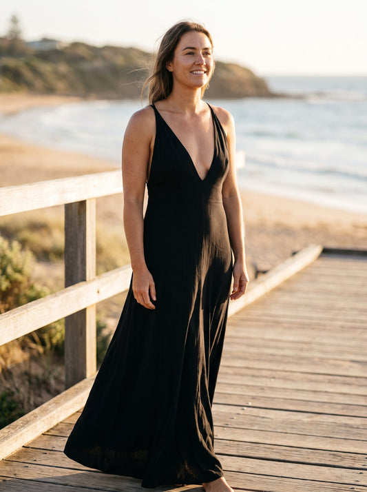 Gigi Sleek Black Plunge Neck Maxi Dress by Riley Belle