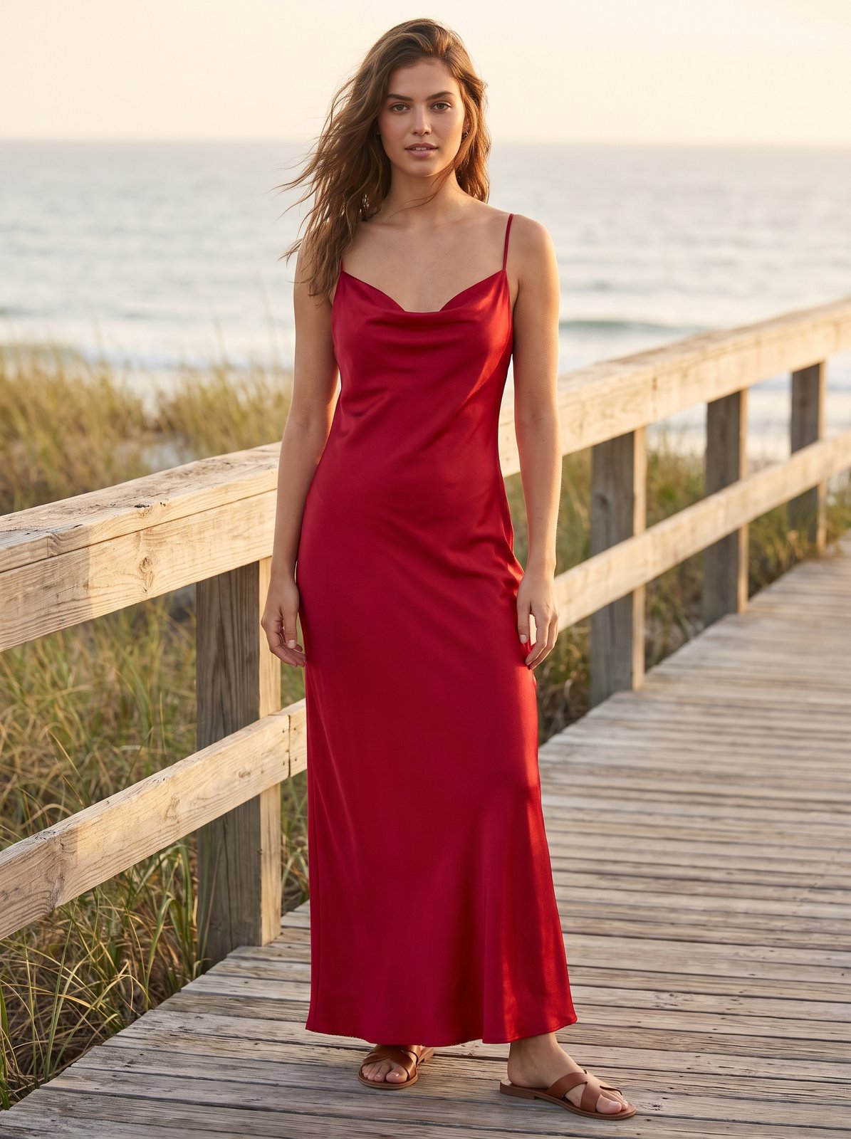 Cherry red satin cowl neck maxi dress by Riley Belle