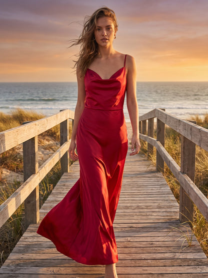 Cherry red satin cowl neck maxi dress by Riley Belle