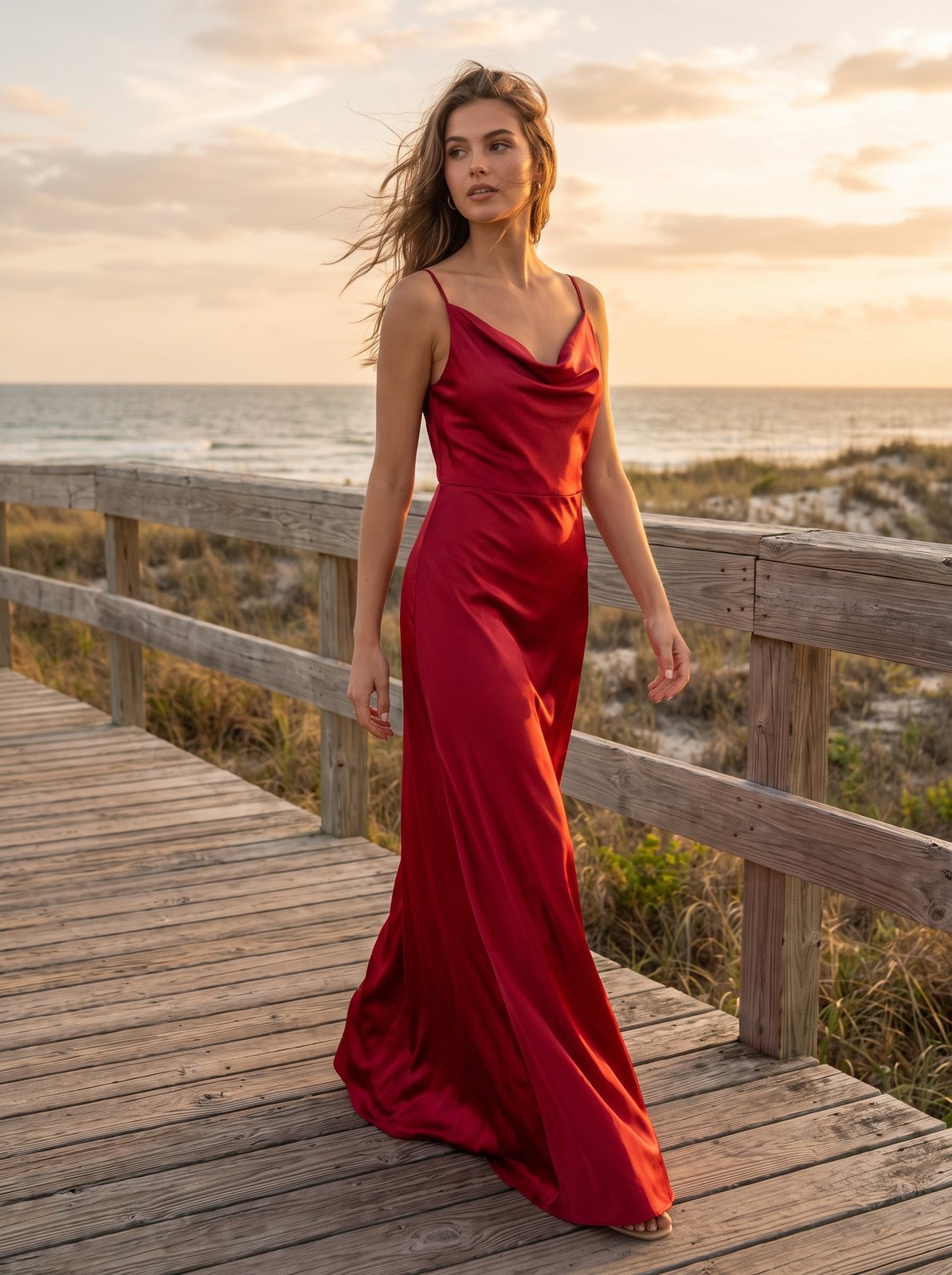 Cherry red satin cowl neck maxi dress by Riley Belle
