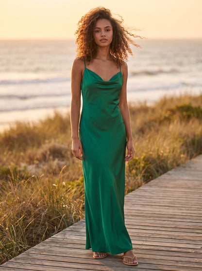Emerald green satin cowl neck maxi dress by Riley Belle