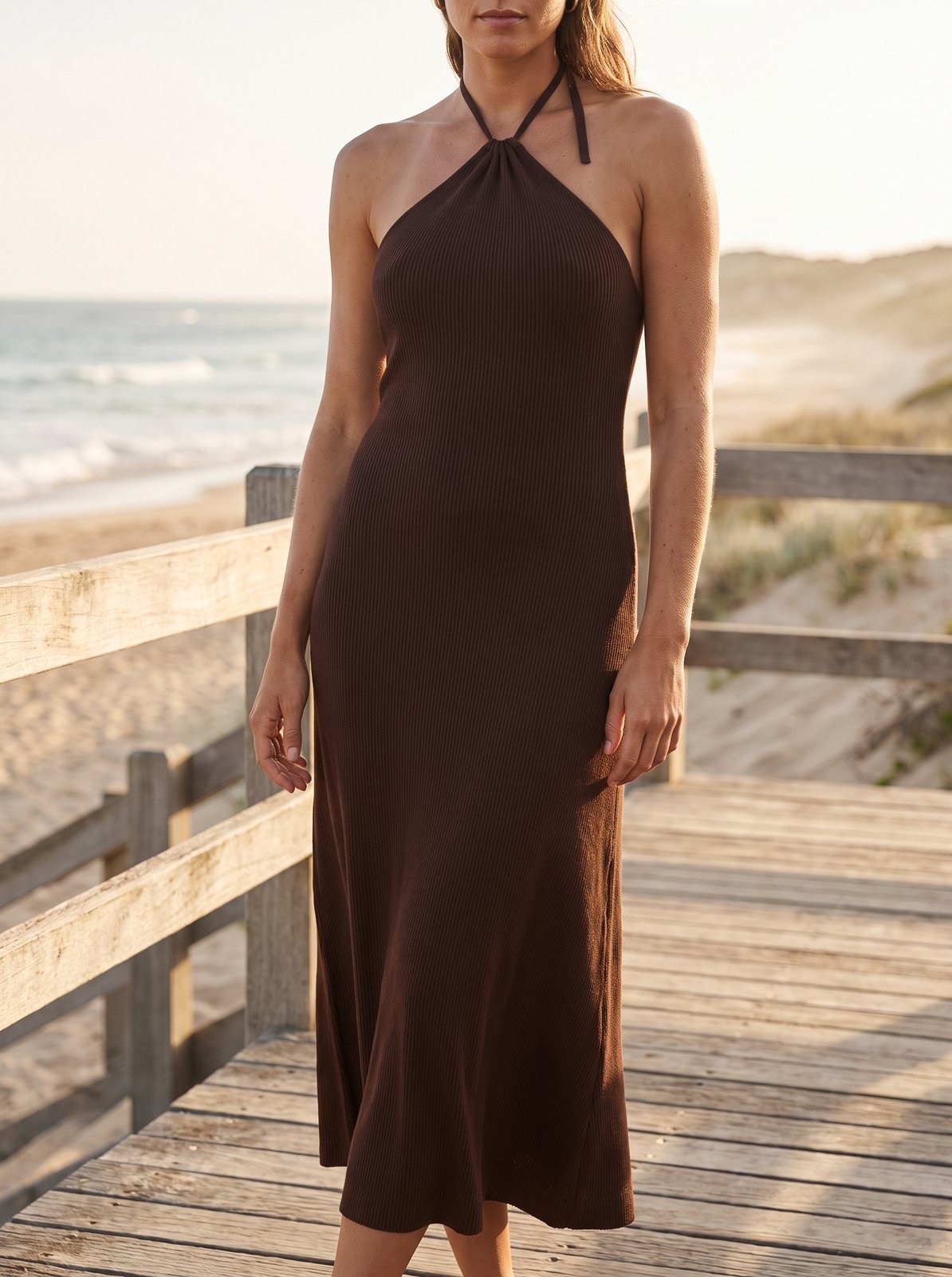 Greta Soft Chocolate Brown Ribbed Halter Maxi Dress by Riley Belle