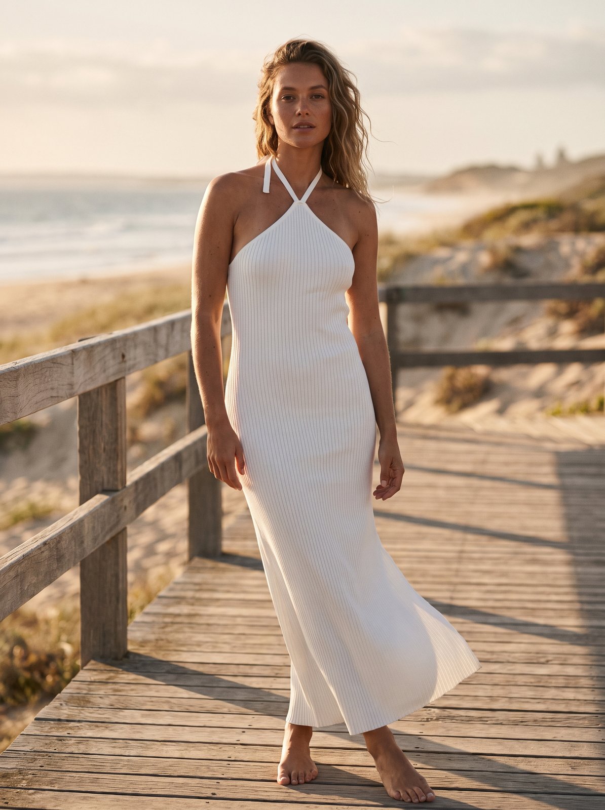 Greta Soft White Ribbed Halter Maxi Dress by Riley Belle
